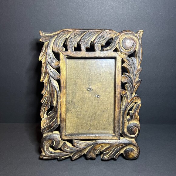Handmade Other - VTG Rustic Hand Carved Wooden Ornate Standing Picture Frame - Fits 6 x 4" Photo